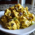 Close-up van een portie gele Curry Chicken Salad met stukjes kip, selderij en gedroogde cranberry's op een wit bord.