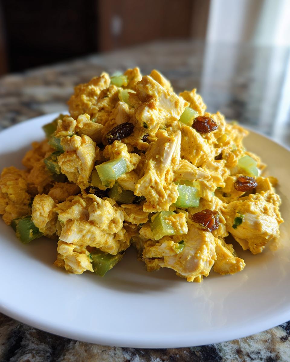 Een close-up van een portie gele Curry Chicken Salad met stukjes kip, groene selderij en donkere rozijnen op een wit bord.