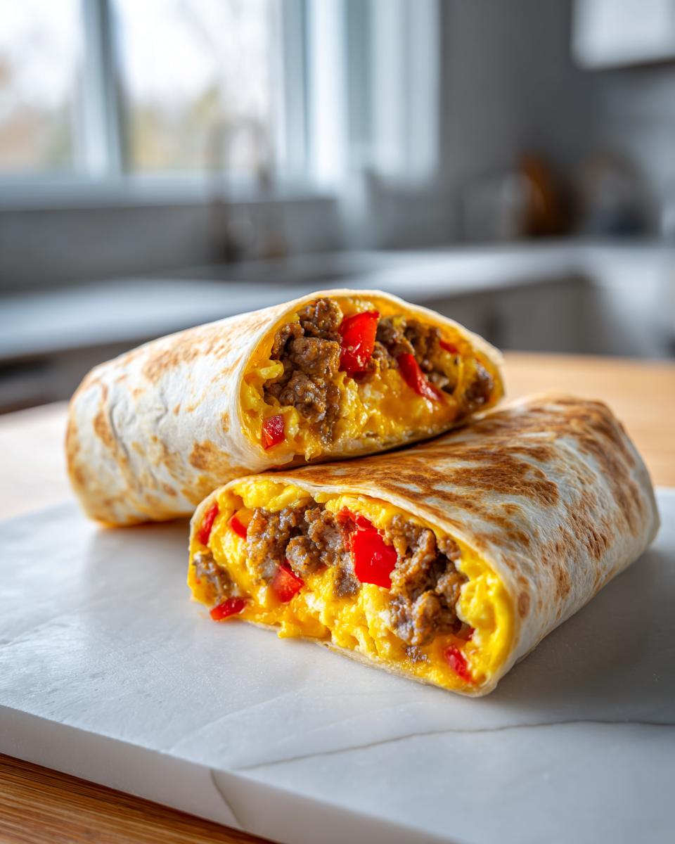 Een doormidden gesneden Breakfast Burrito Recipe gevuld met roerei, gehakt en rode paprika op een wit marmeren plankje.