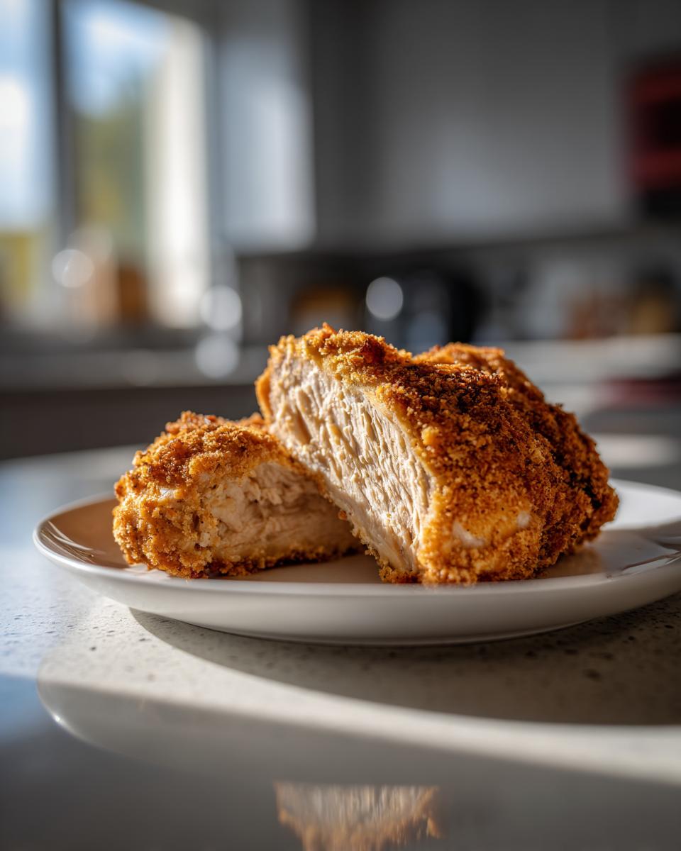 Doorsnede van twee stukken krokant Baked Panko Chicken op een wit bord, met een goudbruine korst.