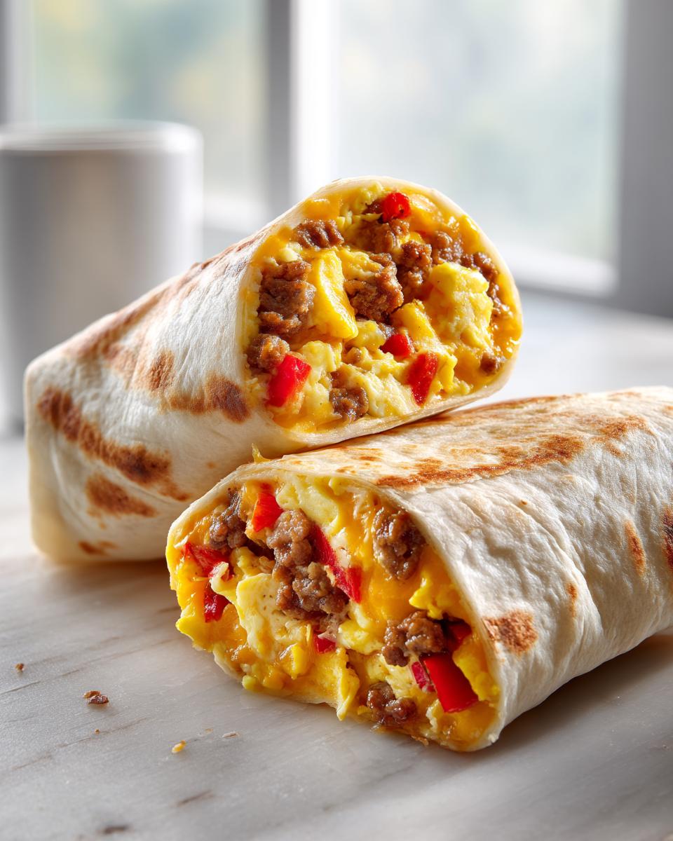 Doorsnede van een Breakfast Burrito Recipe gevuld met roerei, gehakt en rode paprika.