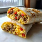 Twee helften van een Breakfast Burrito Recipe, gevuld met roerei, gehakt en rode paprika.