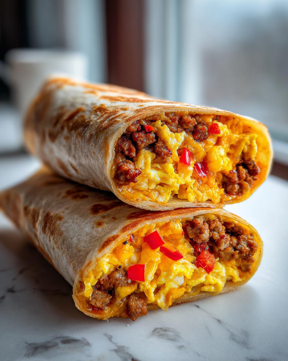 Twee gehalveerde stukken van een Breakfast Burrito Recipe gevuld met roerei, gekruide worst en rode paprika.