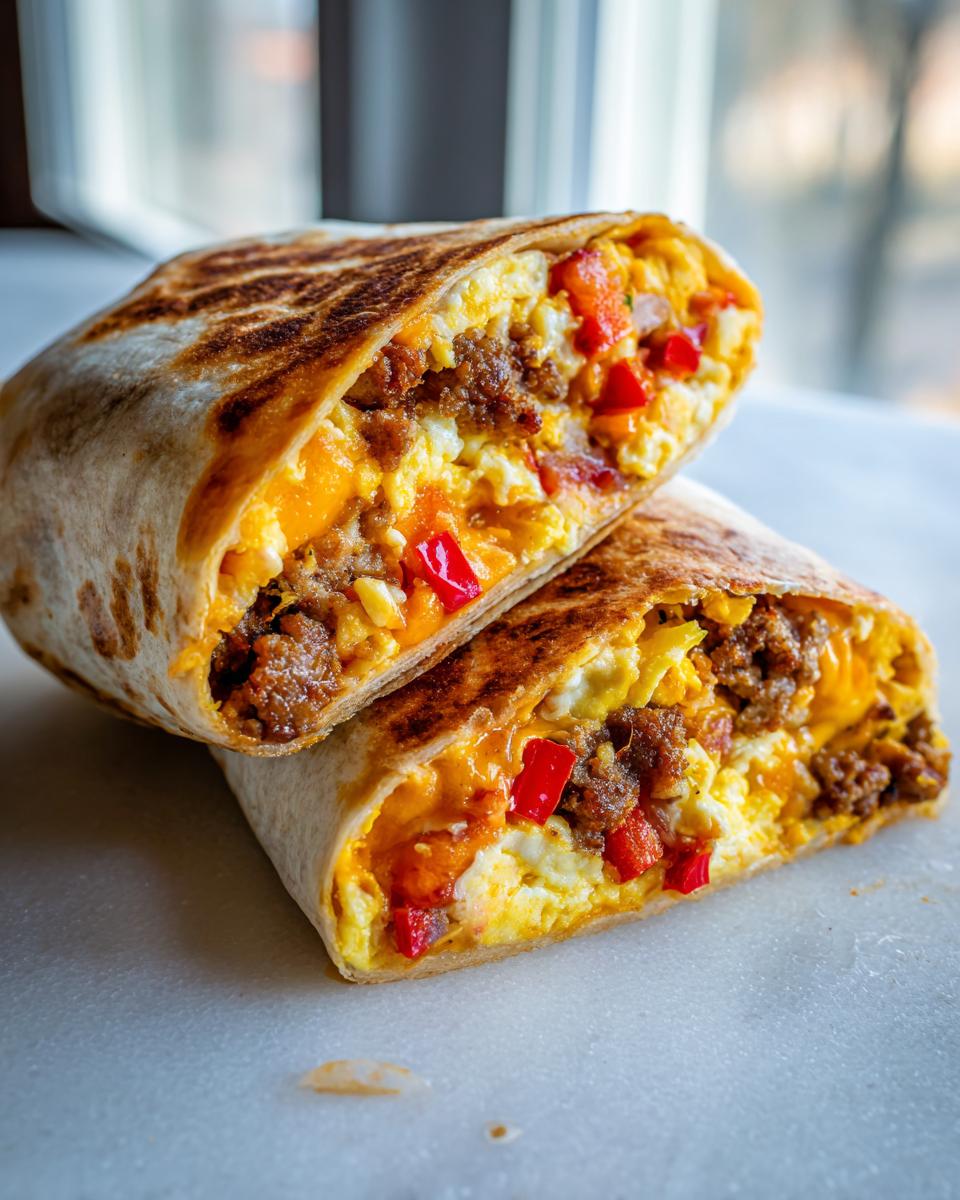Doorsnede van een gegrilde Breakfast Burrito Recipe gevuld met roerei, gehakt en rode paprika.