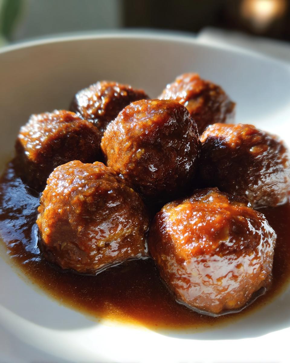 Close-up van glanzende Dr Pepper Crockpot Meatballs in een donkere, stroperige saus in een witte kom.