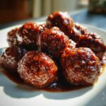Close-up van sappige Dr Pepper Crockpot Meatballs bedekt met een donkere, glanzende saus op een wit bord.
