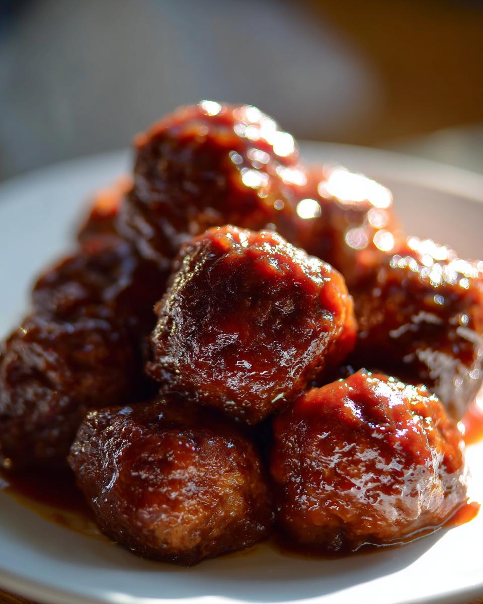 Close-up van sappige Dr Pepper Crockpot Meatballs bedekt met een glanzende, donkerrode saus.