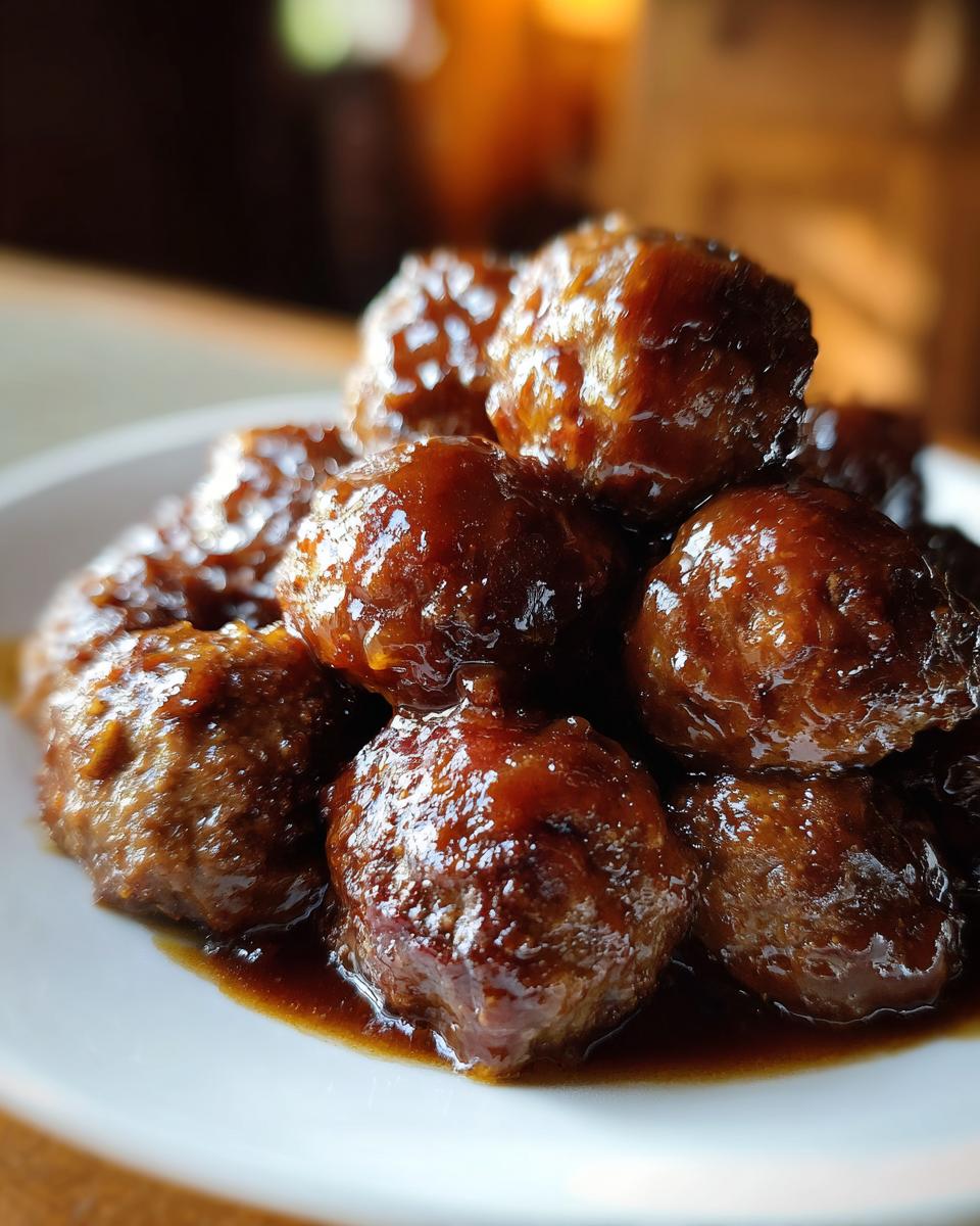 Een stapel Dr Pepper Crockpot Meatballs bedekt met een dikke, glanzende saus op een wit bord.