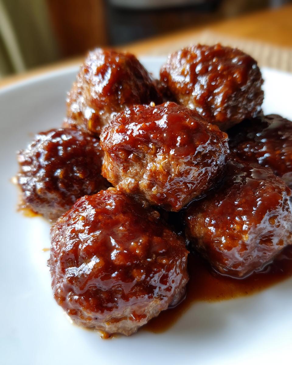 Close-up van sappige Dr Pepper Crockpot Meatballs bedekt met een dikke, glanzende saus op een wit bord.