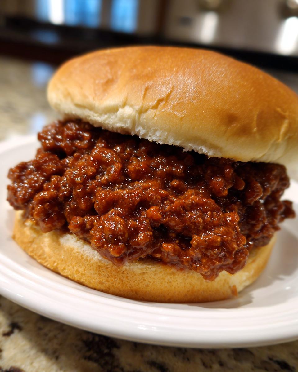 Een close-up van een rijkelijk gevuld Dr Pepper Sloppy Joes broodje op een wit bord.