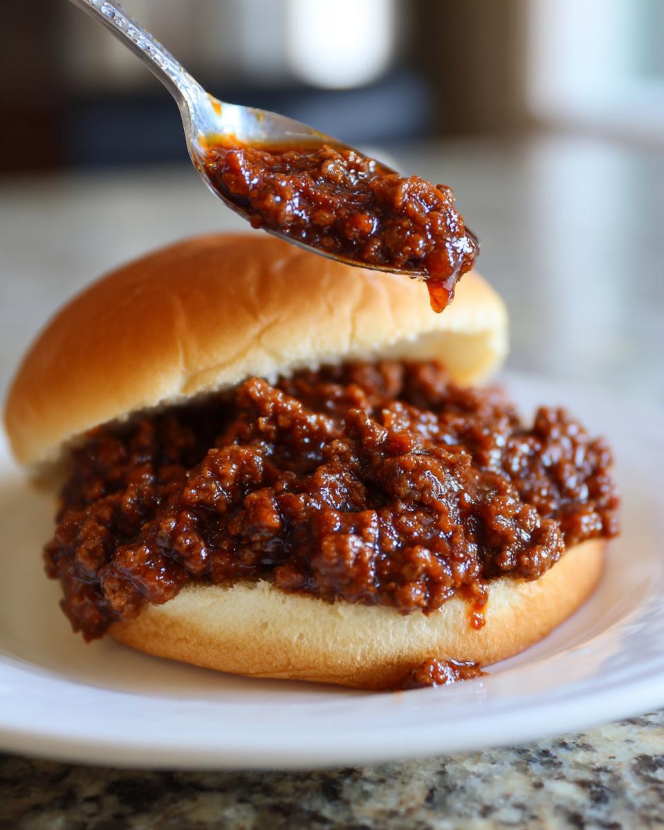 Een lepel met Dr Pepper Sloppy Joes saus wordt boven een zacht broodje gehouden.