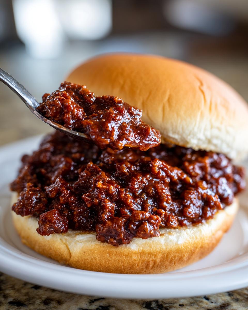 Een lepel met donkere, glanzende Dr Pepper Sloppy Joes vulling wordt boven een zacht broodje gehouden.