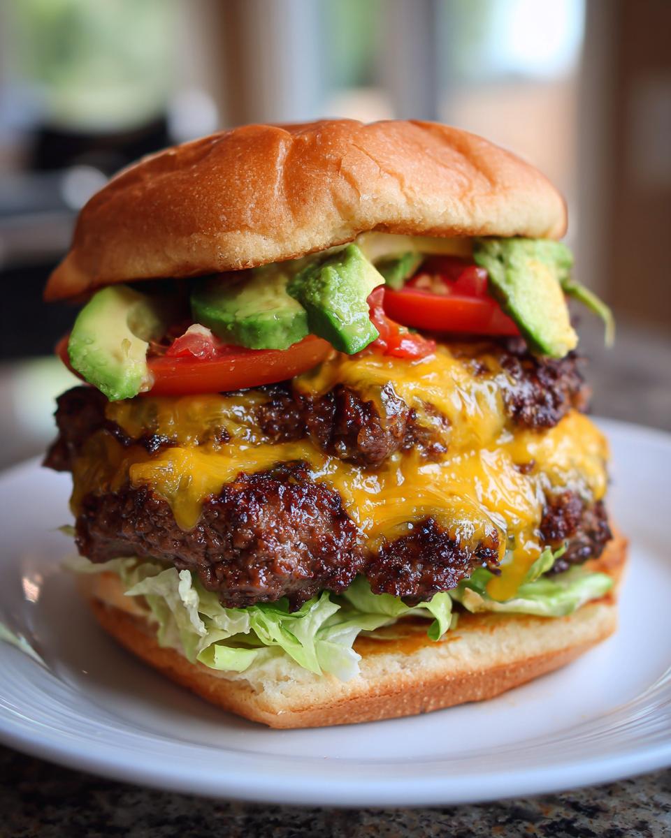 Close-up van een dubbele California Burgers met gesmolten kaas, avocado en tomaat op een wit bord.
