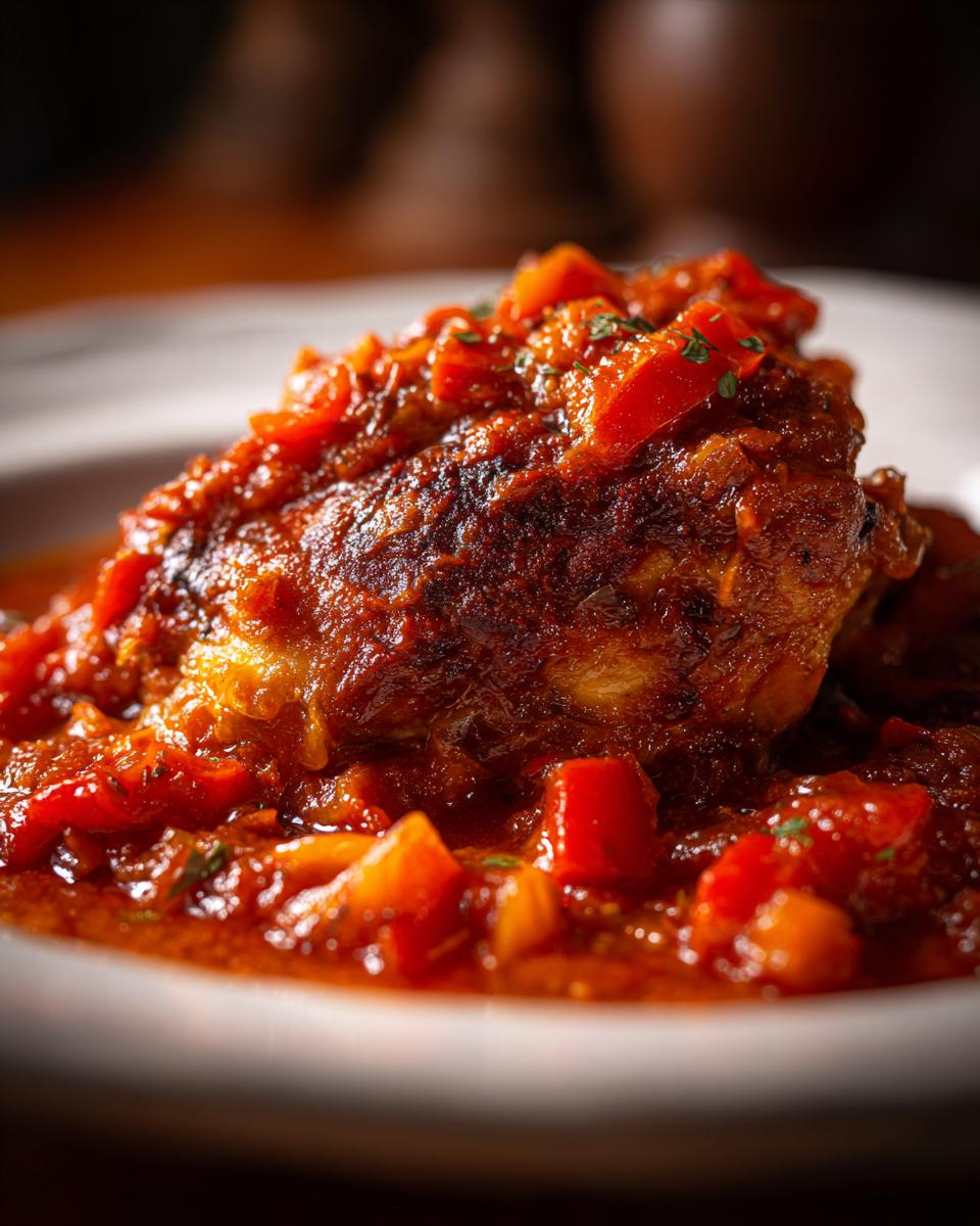 Close-up van een stuk kip bedekt met rijke, rode saus en stukjes paprika van de Easy Chicken Cacciatore.
