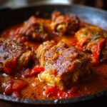 Close-up van malse stukken kip in een rijke, rode tomatensaus van Easy Chicken Cacciatore.