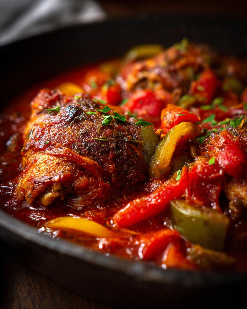 Close-up van malse stukken kip in een rijke, rode saus met paprika's, typisch voor Easy Chicken Cacciatore.