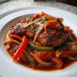 Een bord met malse Kip Cacciatore, overgoten met een rijke saus van paprika en ui.