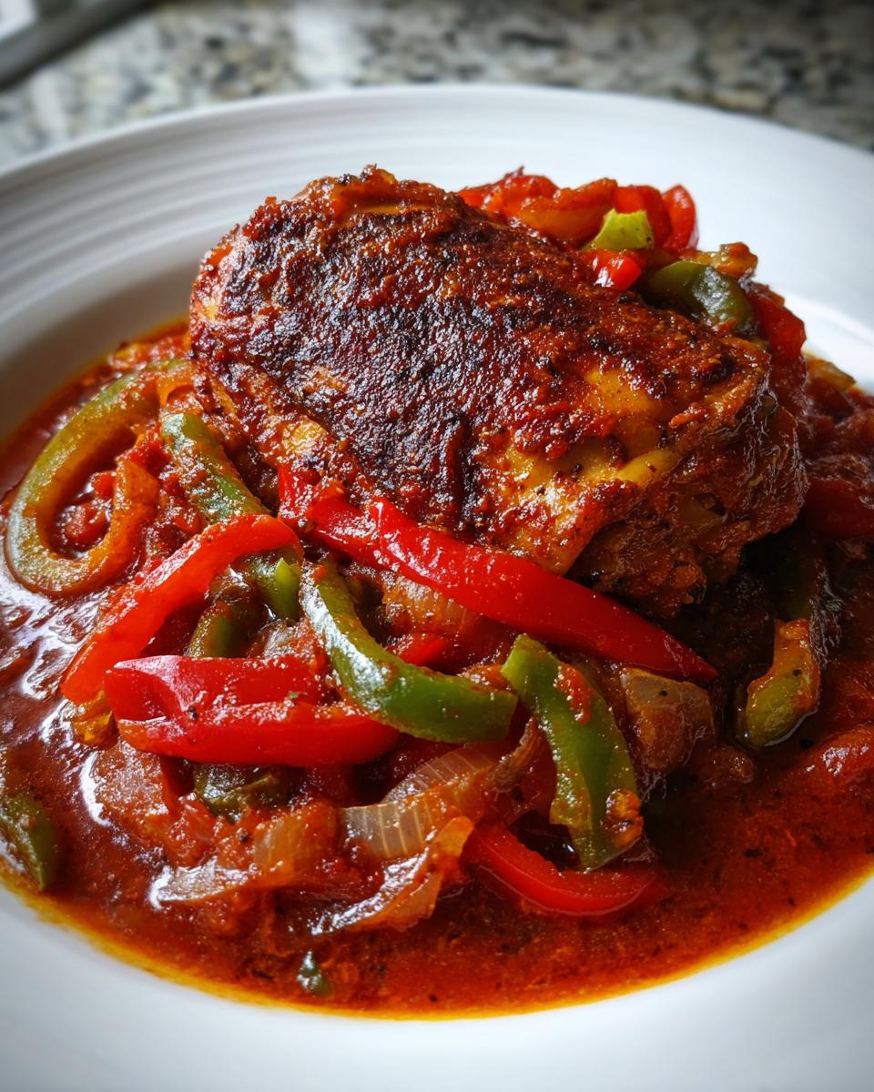 Close-up van een stuk gebakken kip in een rijke tomatensaus met rode en groene paprika voor Easy Chicken Cacciatore.