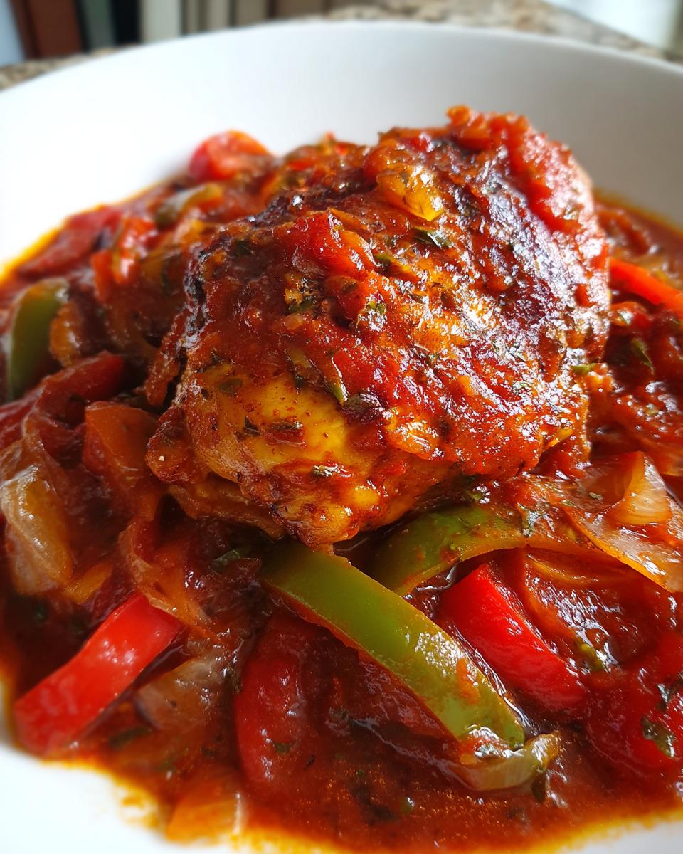 Close-up van een stuk kip bedekt met rijke tomatensaus, paprika en ui, kenmerkend voor Easy Chicken Cacciatore.