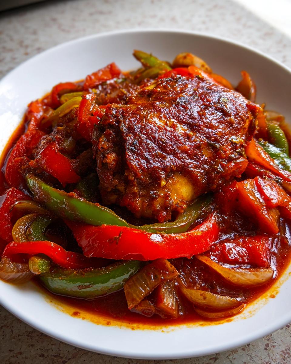 Close-up van een stuk kip in een rijke tomatensaus met stukken rode en groene paprika en ui: Easy Chicken Cacciatore.