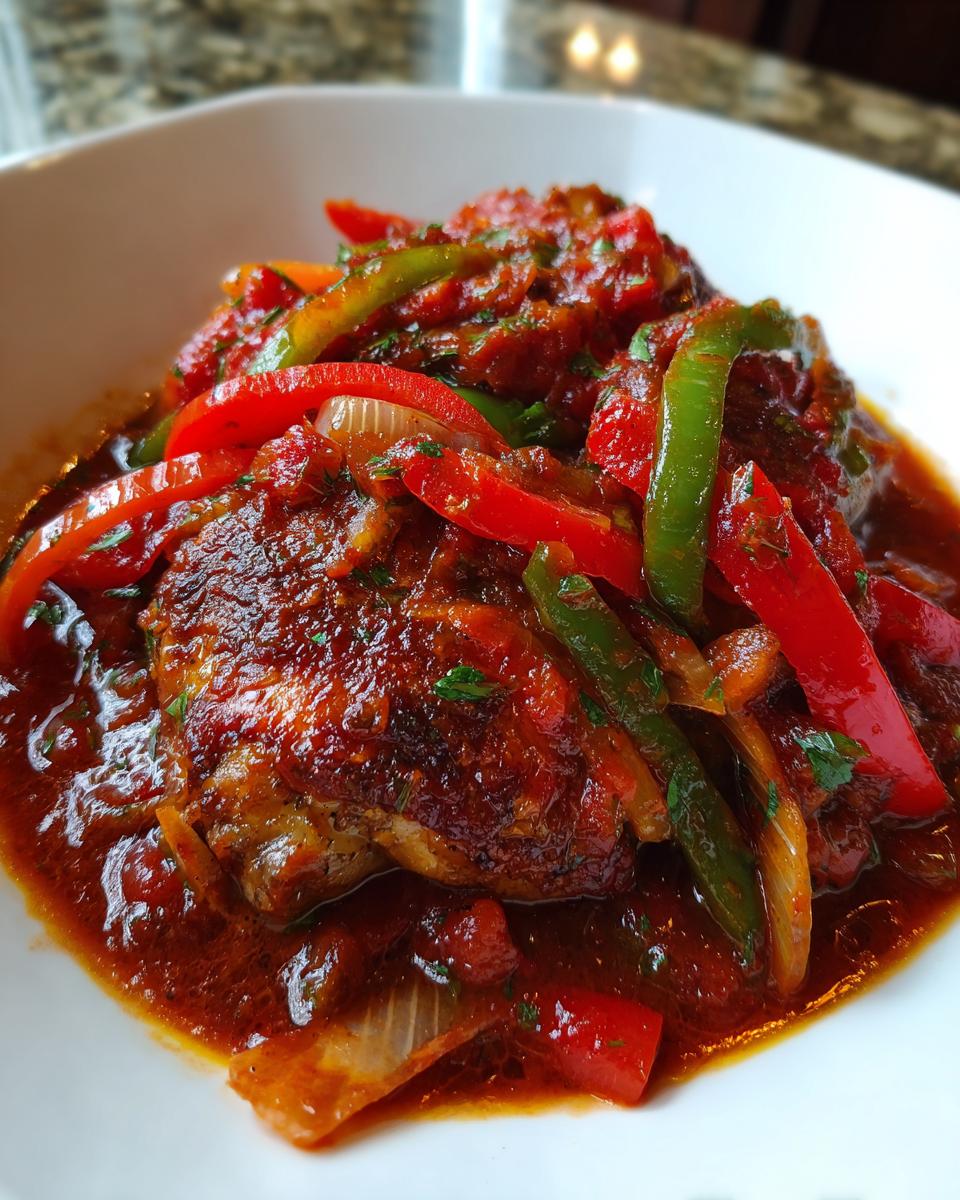 Close-up van een stuk kip bedekt met een rijke tomatensaus, paprika en ui, klaar om te serveren als Easy Chicken Cacciatore.