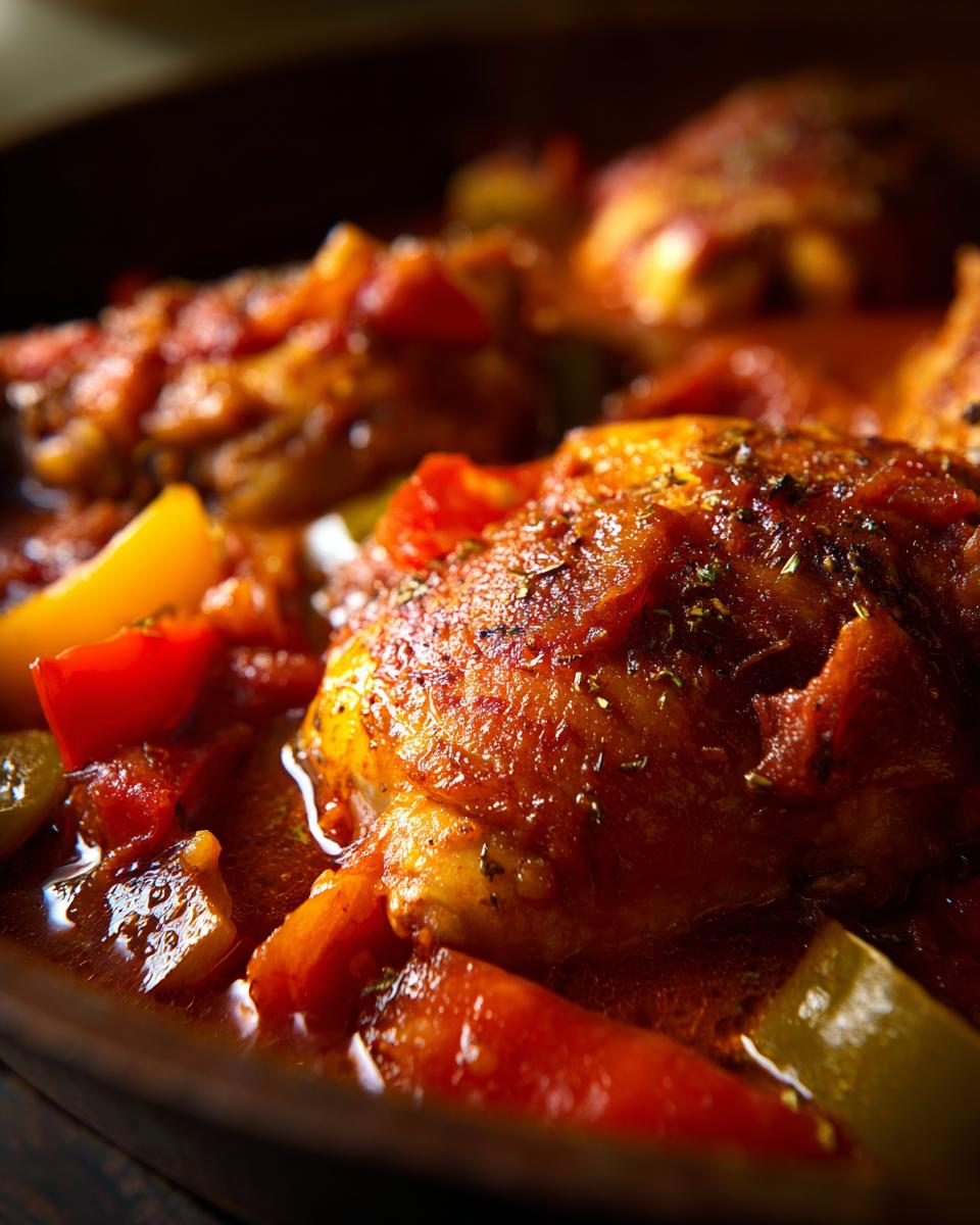 Close-up van een stuk kip in een rijke tomatensaus met paprika, onderdeel van de Easy Chicken Cacciatore.