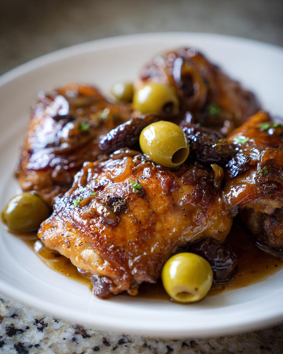 Drie stukken glanzende Easy Chicken Marbella met groene olijven en donkere pruimen op een wit bord.