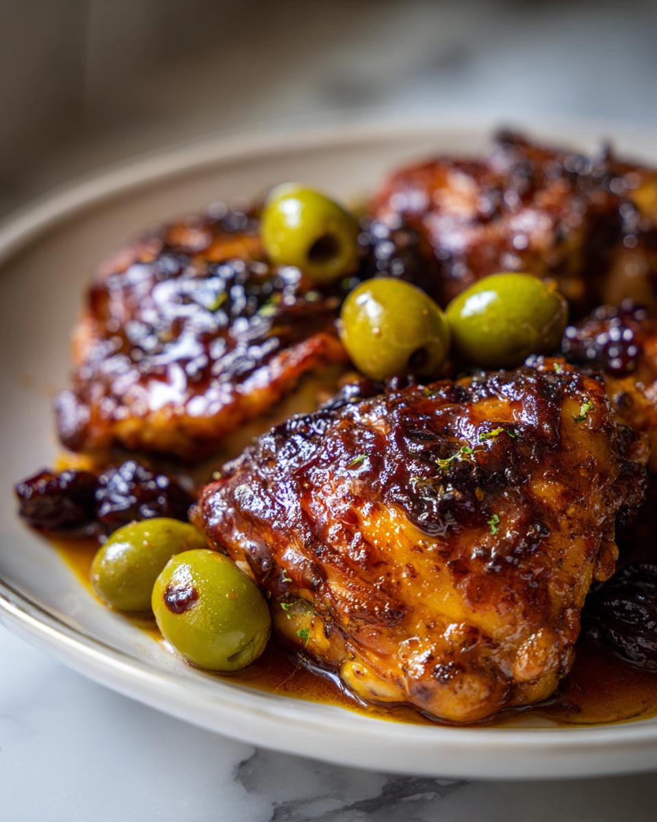 Close-up van geglaceerde kippenstukken met groene olijven en pruimen: Easy Chicken Marbella.