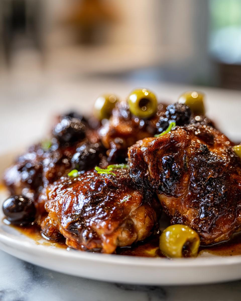 Drie stukken malse Easy Chicken Marbella met een donkere, glanzende saus, olijven en pruimen op een wit bord.
