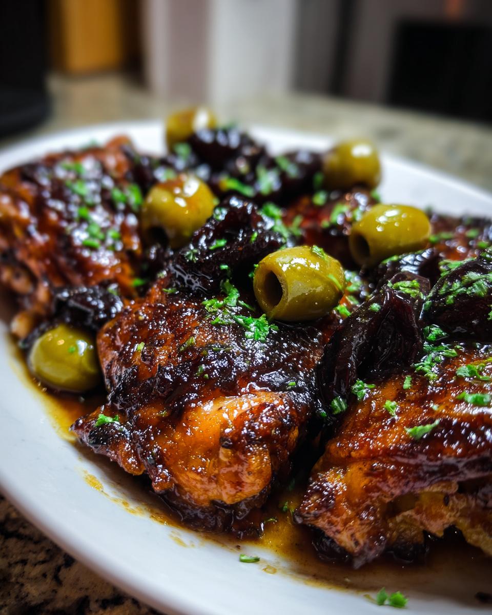 Close-up van malse Easy Chicken Marbella met een glanzende saus, groene olijven en donkere pruimen.