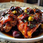 Drie stukken Easy Chicken Marbella met een glanzende, donkere saus, olijven en gedroogde pruimen op een witte schaal.