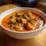 Close-up van een witte kom gevuld met romige, oranje Easy Chicken Tikka Masala, gegarneerd met verse peterselie.