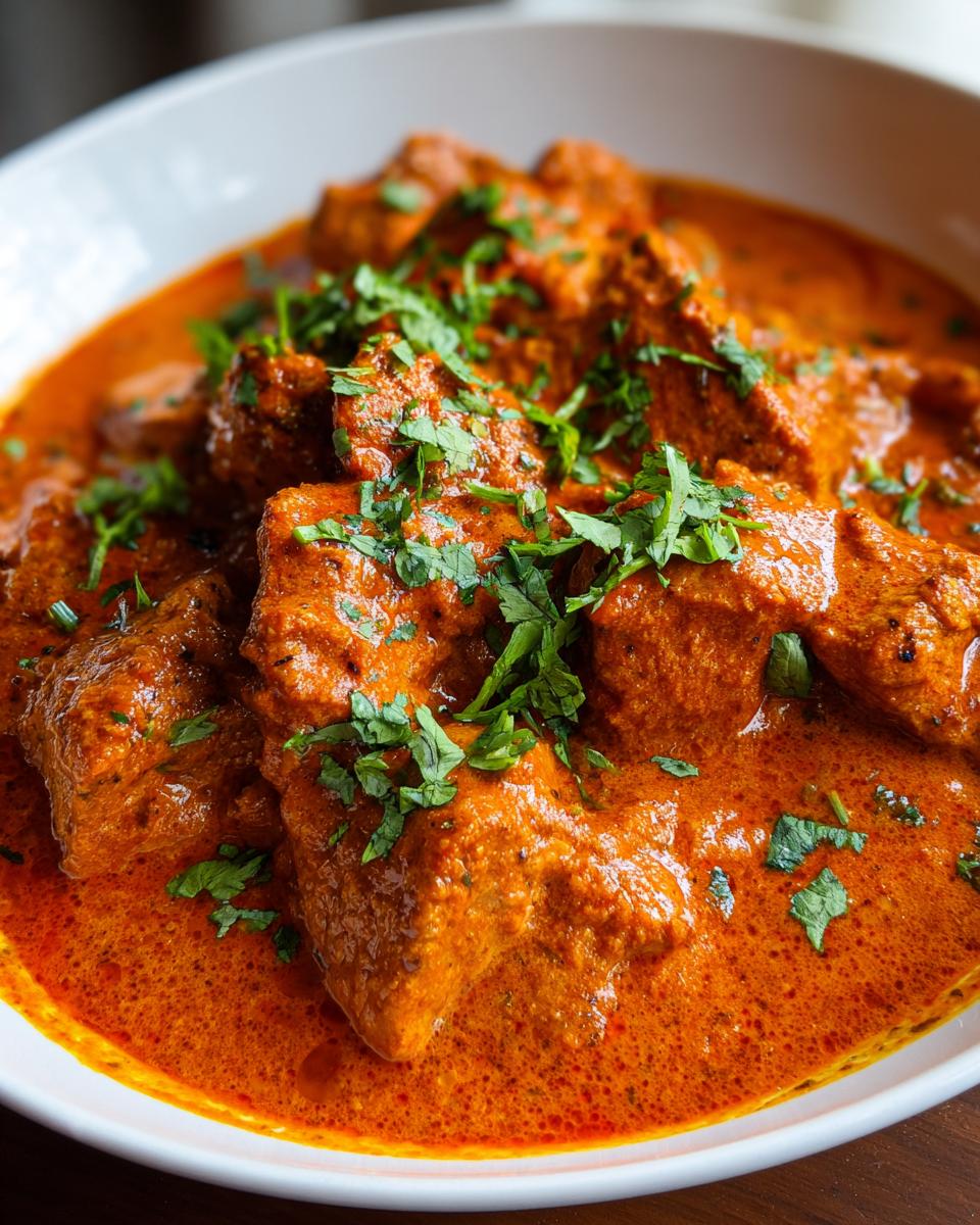 Een kom vol romige, oranje Easy Chicken Tikka Masala, gegarneerd met verse koriander.