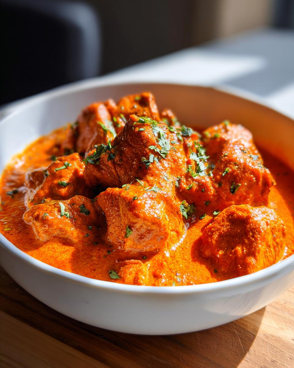Close-up van een witte kom gevuld met sappige stukjes kip in een rijke, oranje Easy Chicken Tikka Masala saus, gegarneerd met koriander.