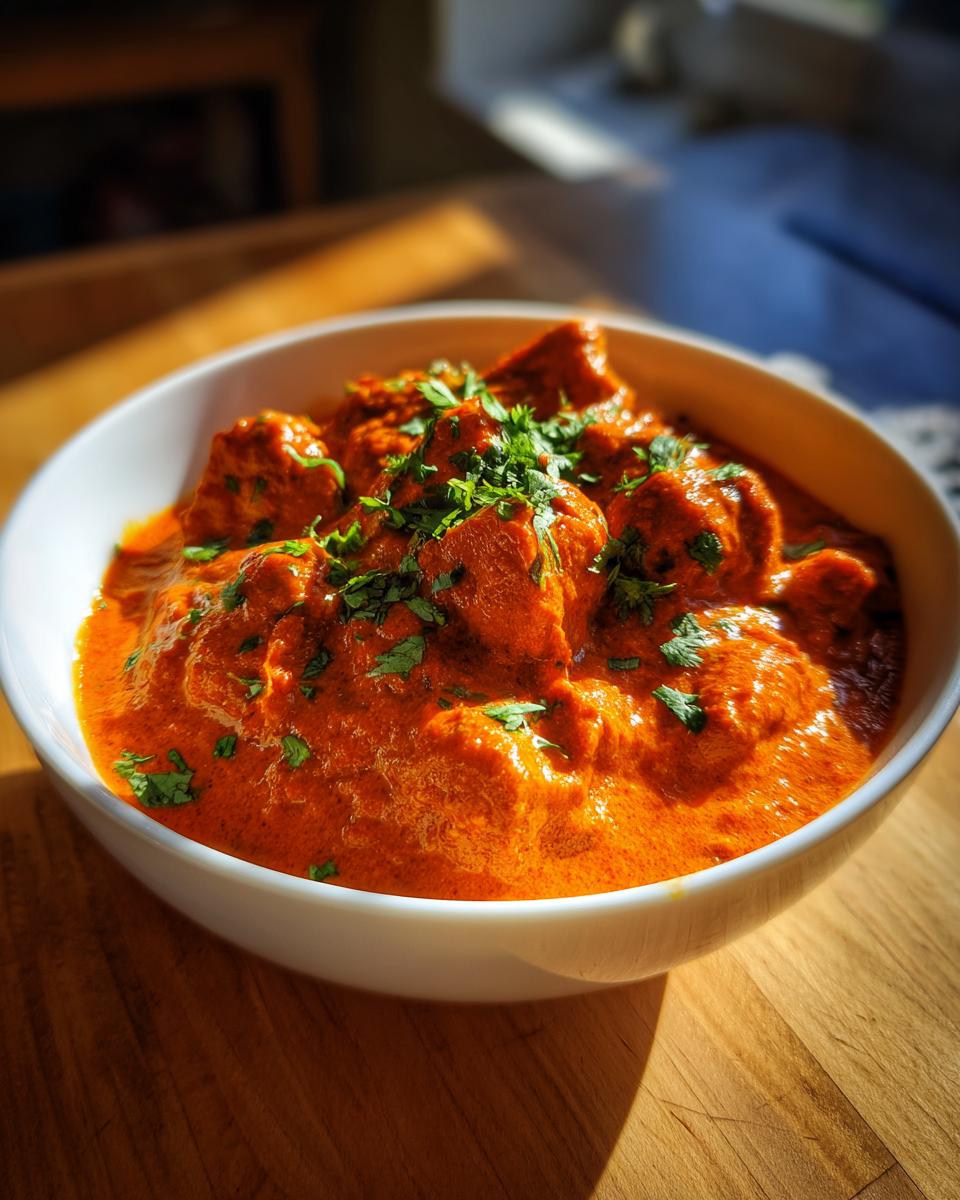 Een kom met romige, oranje Easy Chicken Tikka Masala, gegarneerd met verse groene koriander.