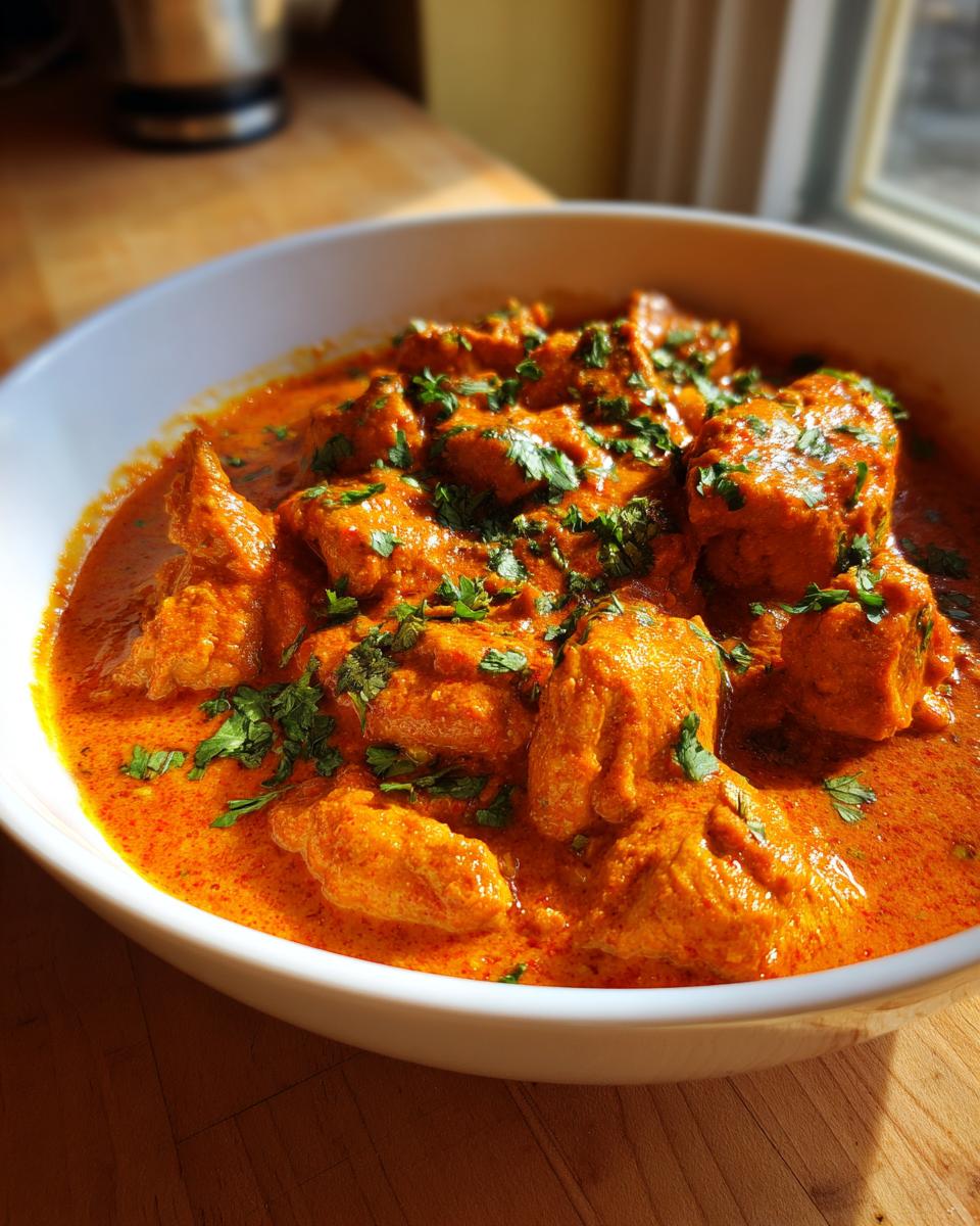 Close-up van een witte kom gevuld met Easy Chicken Tikka Masala, gegarneerd met verse koriander.