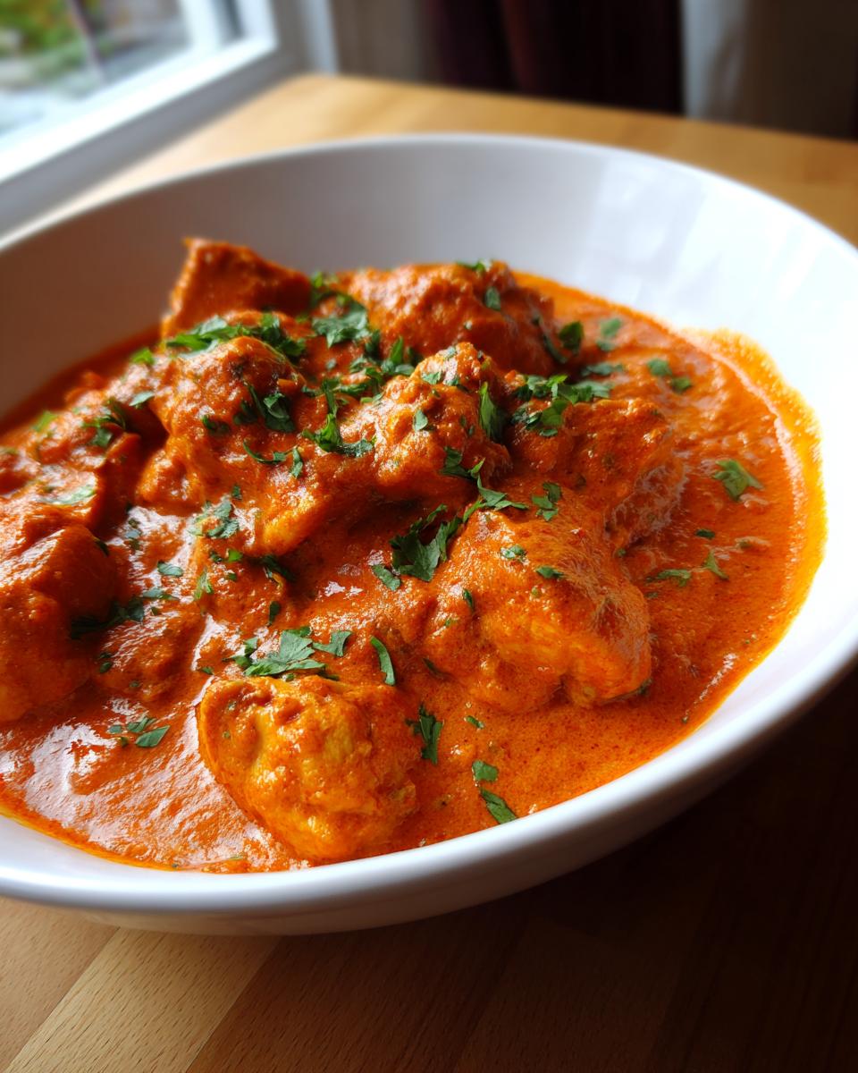 Close-up van een witte kom gevuld met romige, oranje Easy Chicken Tikka Masala, gegarneerd met verse koriander.