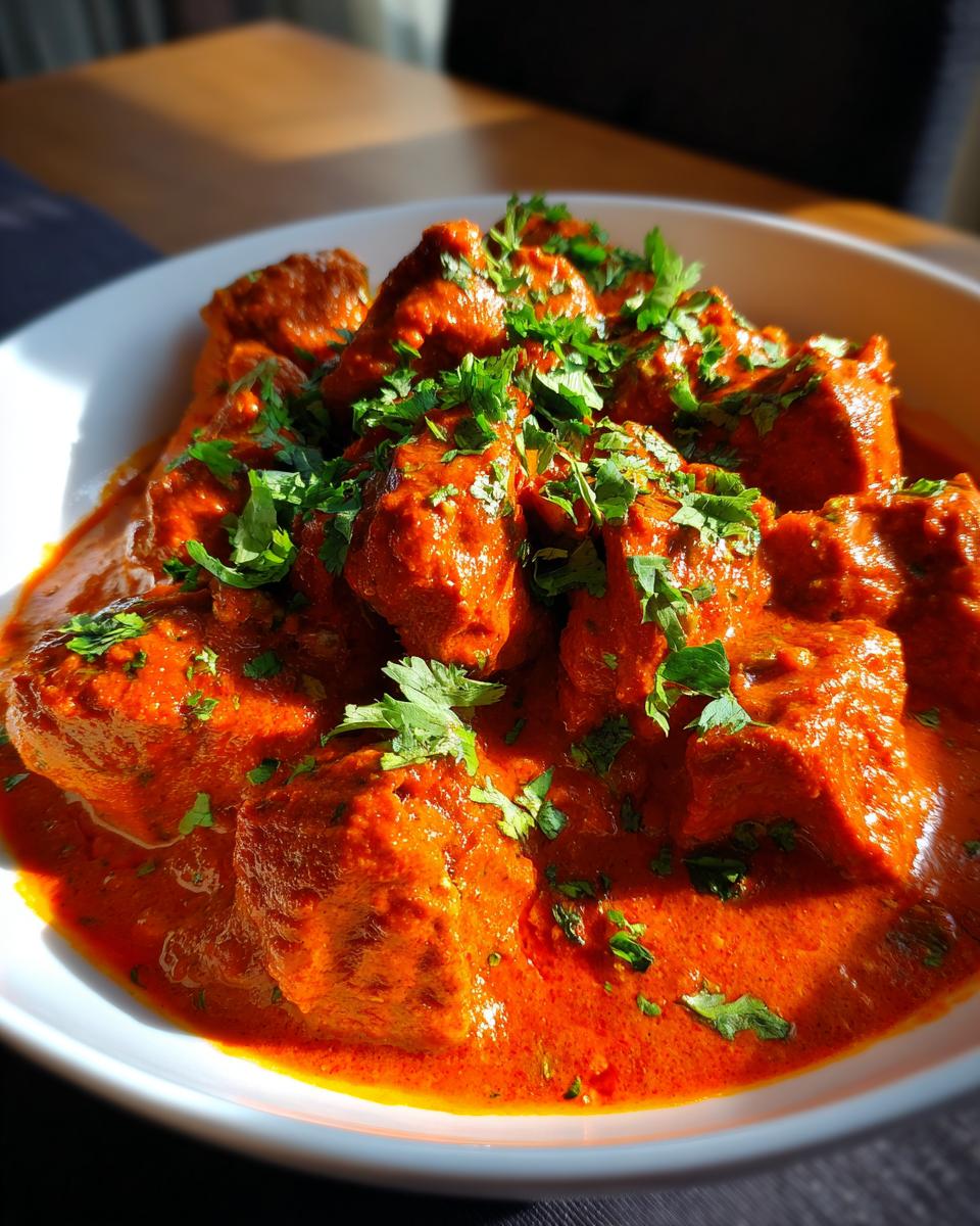 Close-up van een kom met Easy Chicken Tikka Masala, rijkelijk gegarneerd met verse koriander.