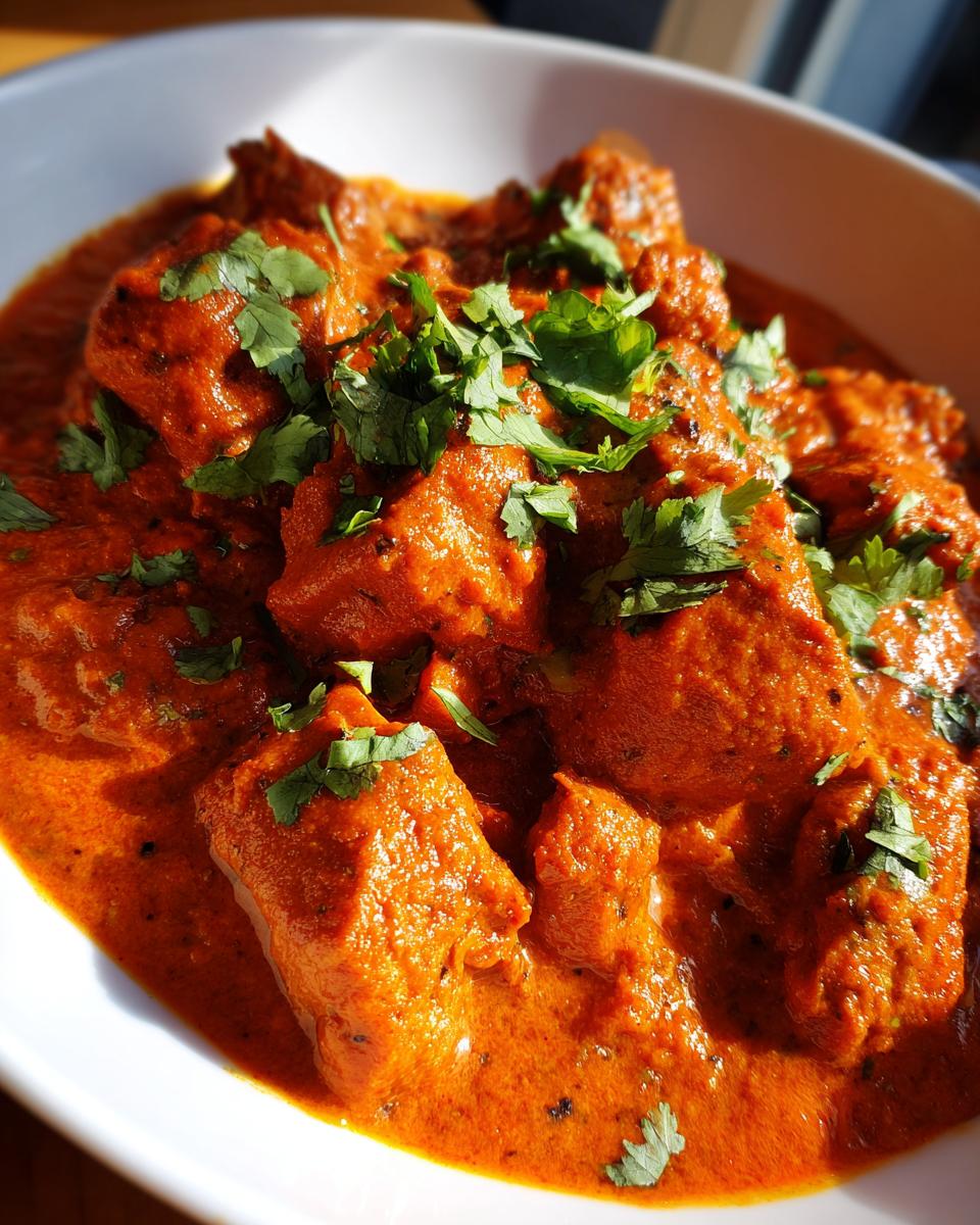 Close-up van een kom met romige, oranje Easy Chicken Tikka Masala, gegarneerd met verse koriander.