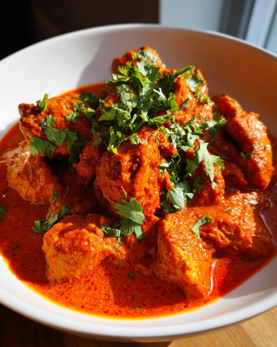 Close-up van een kom met romige, rode Easy Chicken Tikka Masala, gegarneerd met verse koriander.