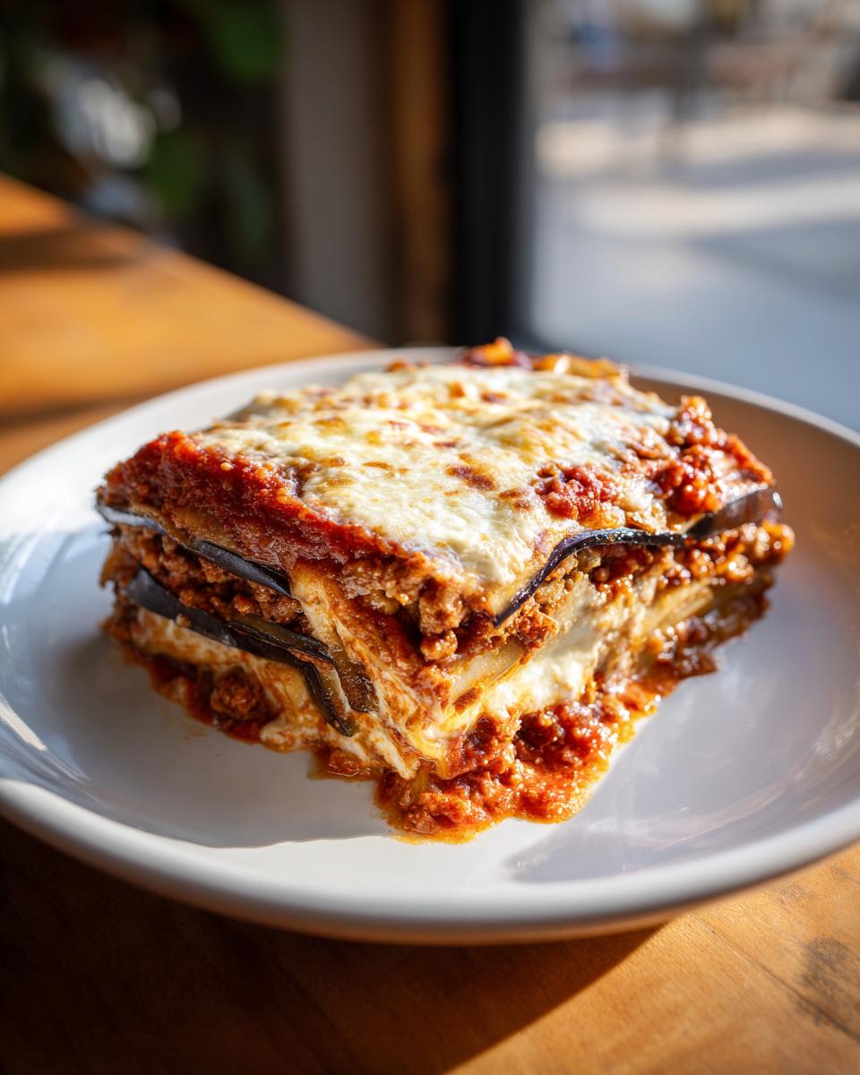 Een dikke portie Easy Eggplant Lasagna met lagen aubergine, vleessaus en gesmolten kaas op een wit bord.