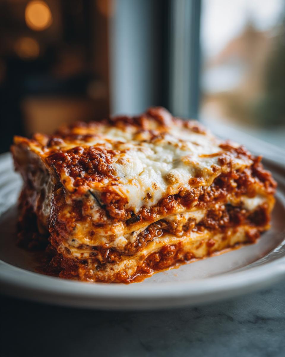 Close-up van een royale portie Easy Eggplant Lasagna met lagen saus en gesmolten kaas.