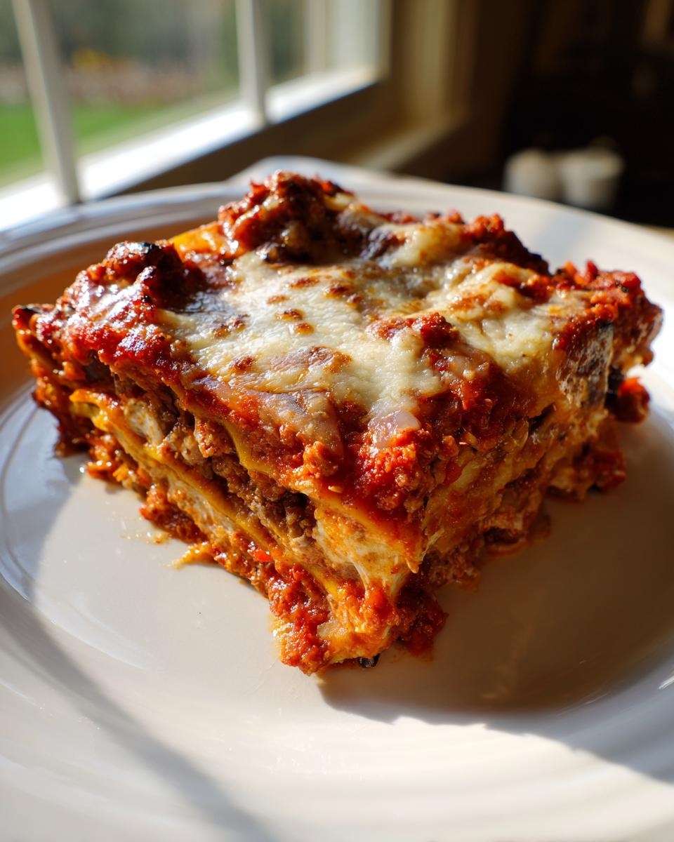 Een royale portie Easy Eggplant Lasagna met lagen saus en gesmolten kaas op een wit bord.