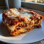 Een dikke, gelaagde portie Easy Eggplant Lasagna met rijke tomatensaus en gesmolten kaas op een wit bord.