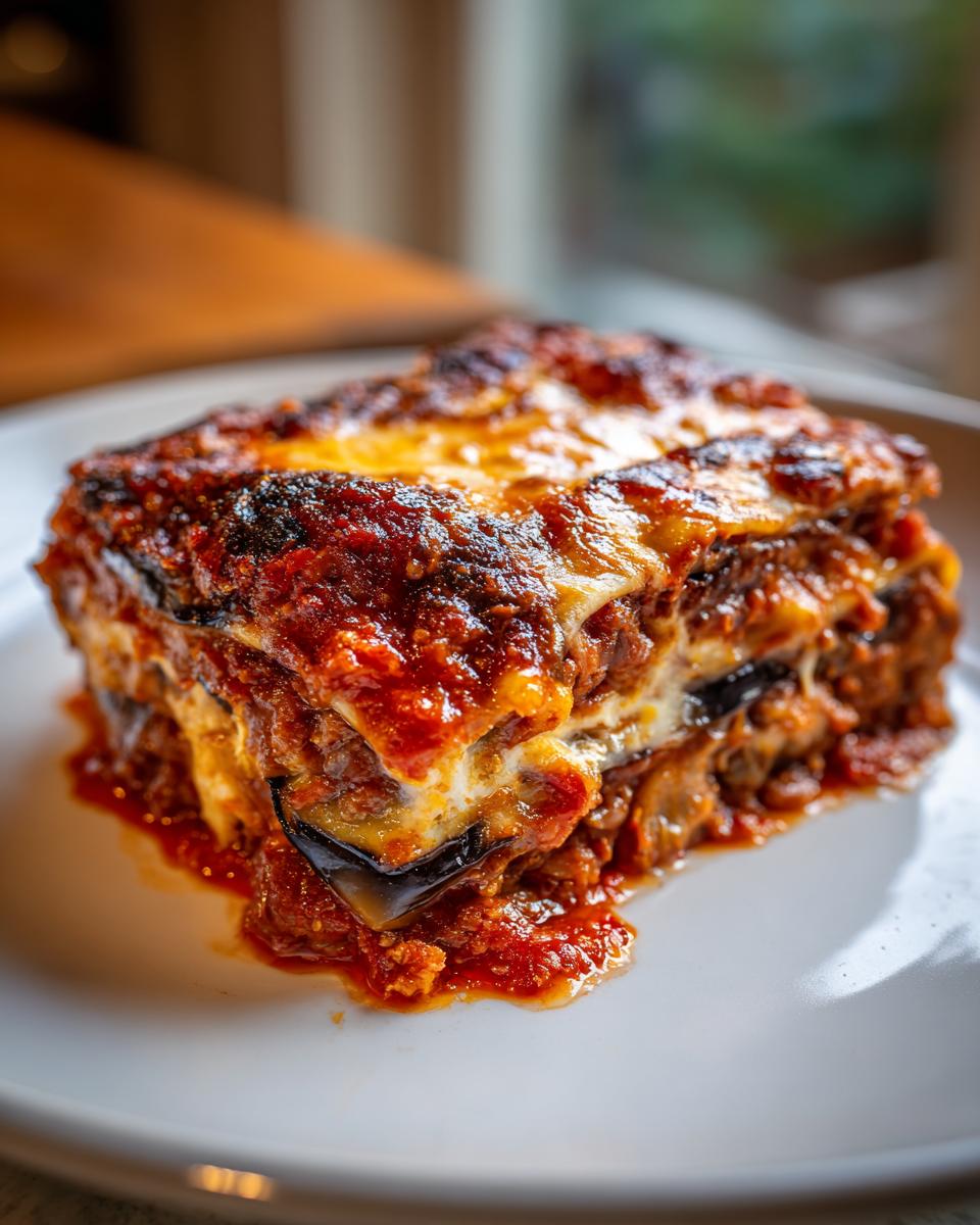 Close-up van een royale portie Easy Eggplant Lasagna met een gegratineerde kaaskorst en rijke tomatensaus.