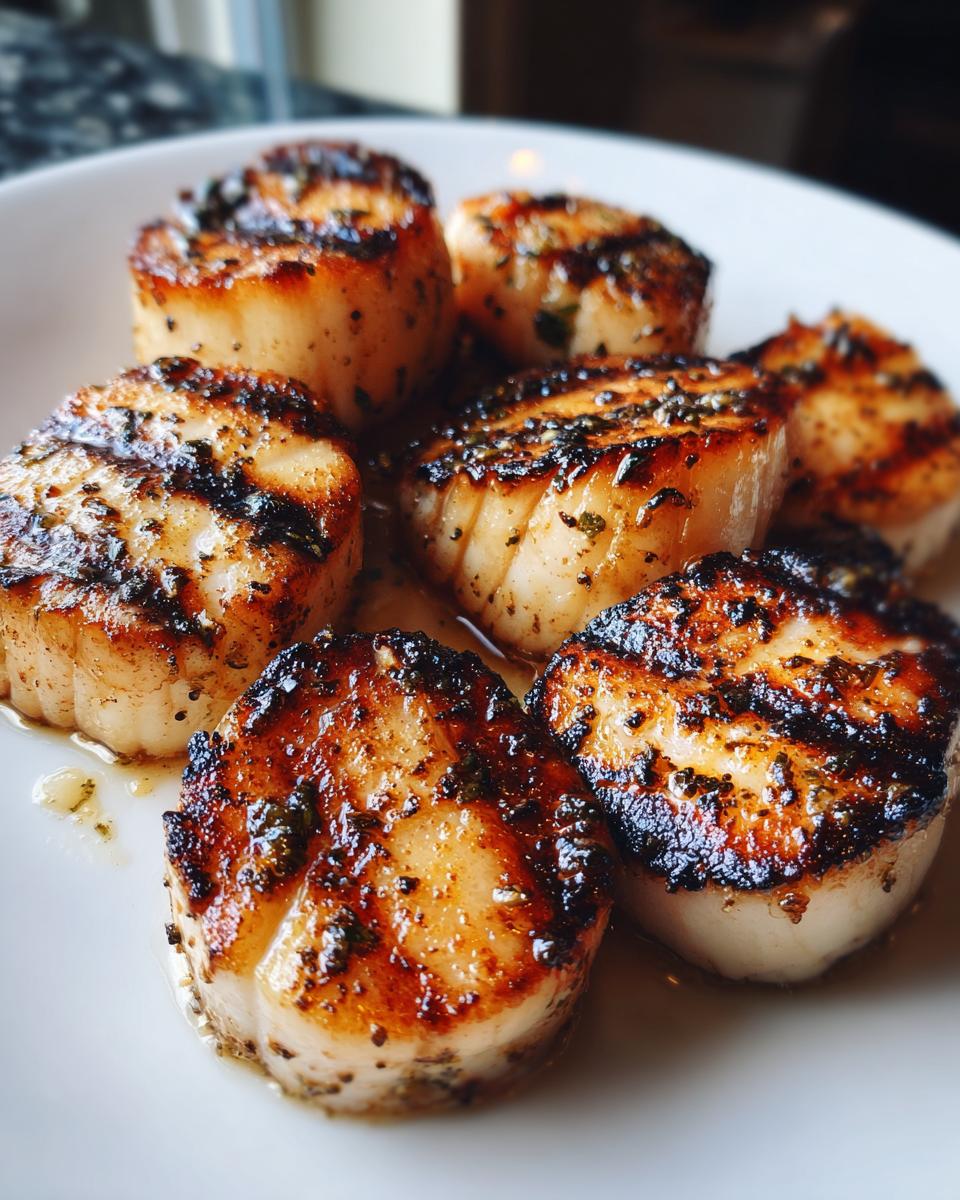 Close-up van zeven perfect gegrilde Easy Grilled Scallops met een mooie bruine korst op een wit bord.