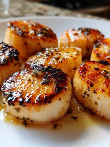 Zeven perfect gegrilde Easy Grilled Scallops met een mooie bruine korst en kruiden op een wit bord.