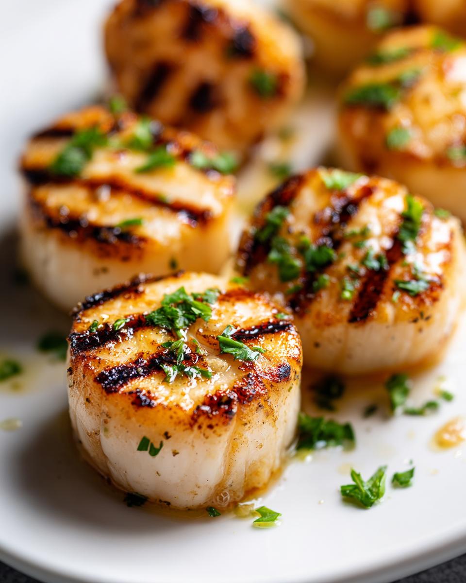 Close-up van sappige Easy Grilled Scallops met duidelijke grillstrepen, gegarneerd met peterselie.