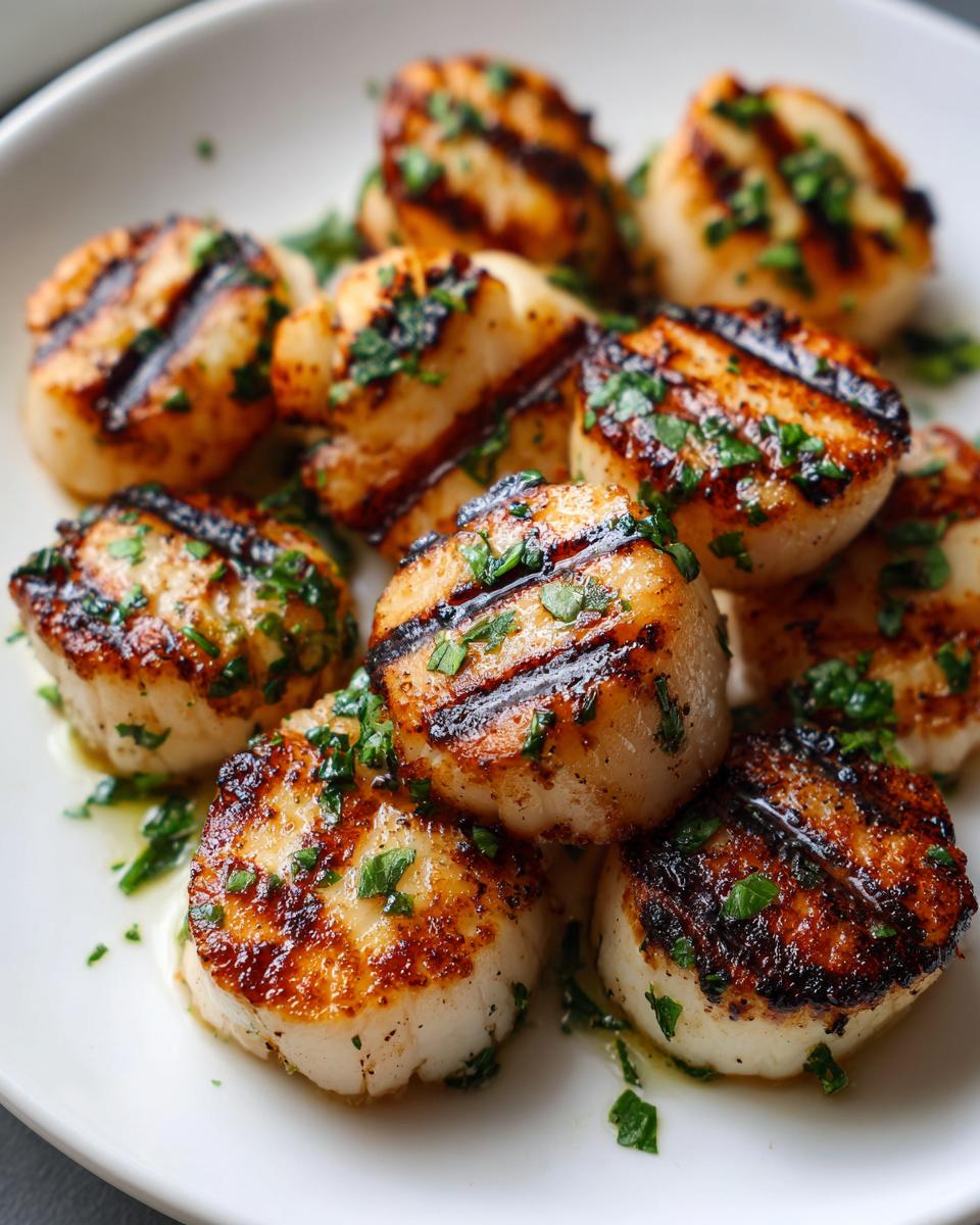 Close-up van sappige Easy Grilled Scallops met duidelijke grillstrepen en peterselie.