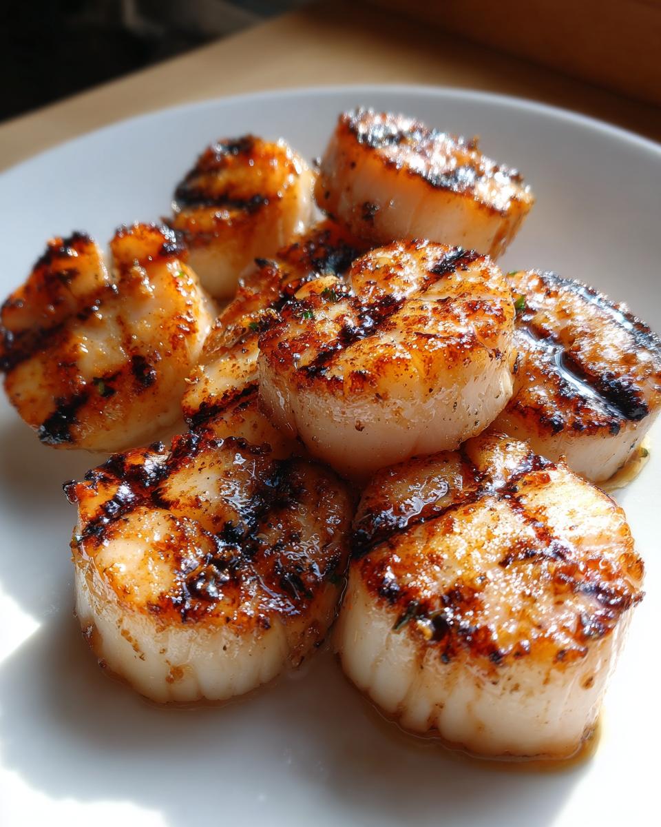 Close-up van sappige, gegrilde sint-jakobsschelpen met mooie grillstrepen op een wit bord.